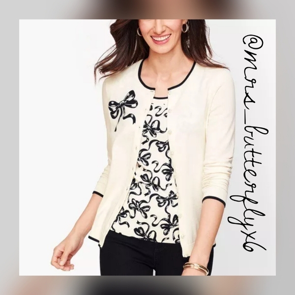 TALBOTS CHARMING CARDIGAN - BOW Holiday Button Front Soft White - Picture 6 of 6